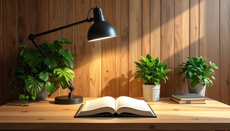 Open book on a wooden table with a lamp and potted plants.の素材