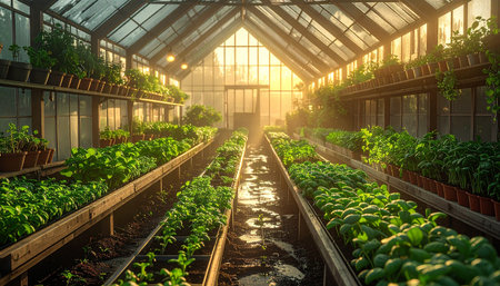 Greenhouse with fresh basil plants growing in a greenhouse. Agriculture and cultivation concept.の素材