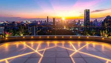empty brick floor and cityscape of bangkok at twilight, Thailandの素材