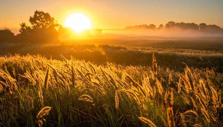 Sunrise over the meadow with grasses in the foreground.の素材