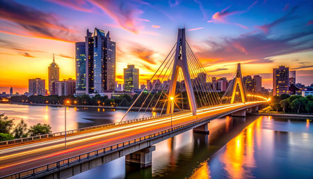 Bridge over the river in the city at sunset, Bangkok, Thailandの素材