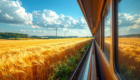 Train passing through the wheat field. Beautiful summer landscape. Railway station.の素材