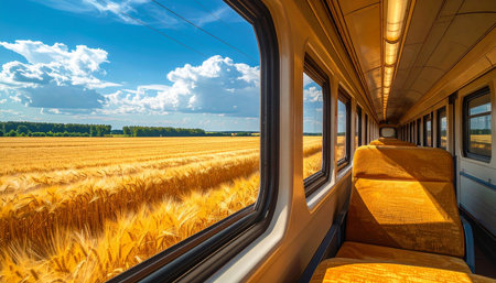Interior of a train in the middle of a wheat field.の素材