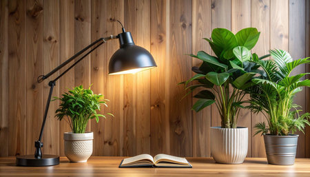 Wooden shelf with houseplants and lamp on wooden wall backgroundの素材