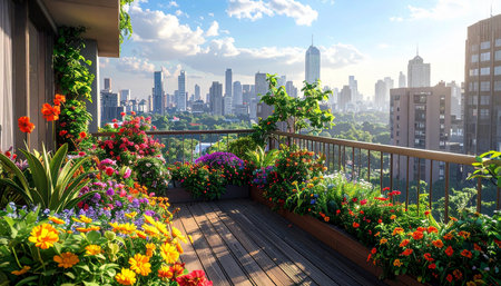 View of Kuala Lumpur city from the balcony with flowers. Malaysia.の素材