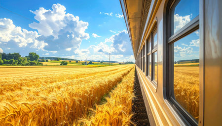 Wheat field and blue sky with white clouds. Panoramic view.の素材