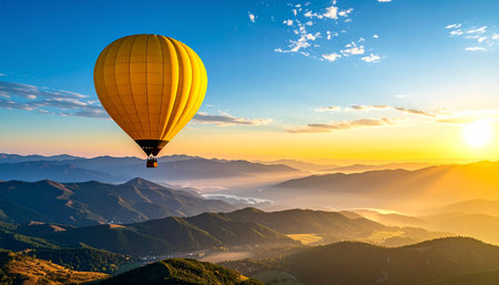 Hot air balloon flying over mountains at sunrise. Beautiful summer landscape.の素材
