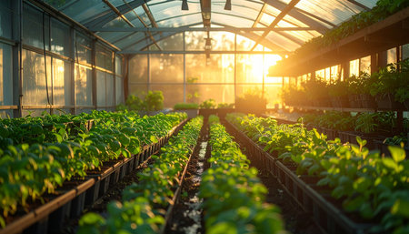 Vegetable seedlings in a greenhouse at sunset, selective focusの素材