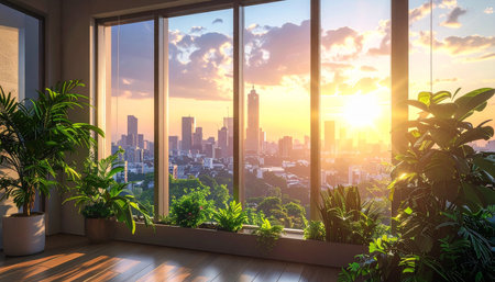 Sunset view of the city from the window. 3d renderingの素材