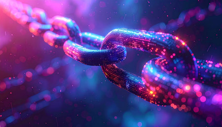 3d rendering of blue and pink chain links over dark blue backgroundの素材