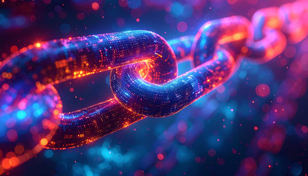 3D render of a chain with red and blue lights on the backgroundの素材