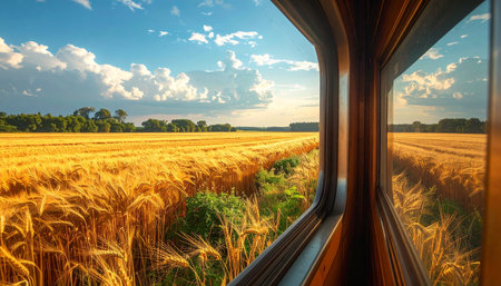 wheat field through the window of a train at sunset in summerの素材