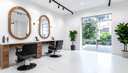Interior of a modern barber shop with black chairs and mirrorの素材