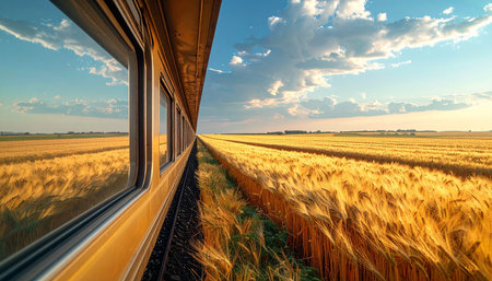 Train through wheat field at sunset. Railway through wheat field at sunset.の素材