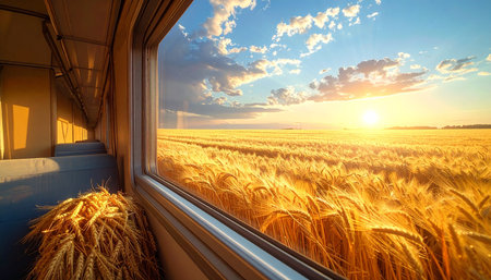 Wheat field and blue sky with clouds at sunset. 3d renderingの素材