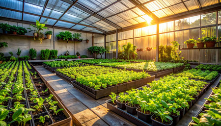 Organic hydroponic vegetable farm in the morning light, stock photoの素材