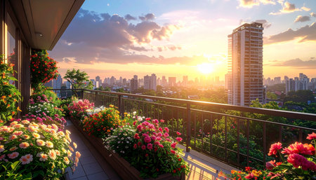 Colorful flowers on balcony at sunset in Bangkok,Thailand.の素材
