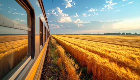 Train passing through a wheat field on a sunny day, Poland.の素材