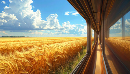Railway through golden wheat field and blue sky with white clouds.の素材