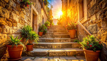 Stone stairs leading to the house at sunset. Tuscany, Italyの素材