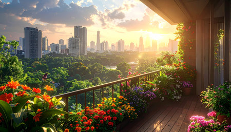 balcony with flower garden and cityscape of bangkok at sunsetの素材