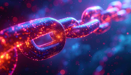 3D rendering of abstract digital chain links on dark background with colorful lightsの素材
