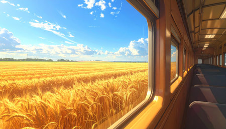 train in wheat field. 3d render illustration of train in wheat fieldの素材