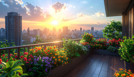 balcony with flower garden and cityscape of bangkok at sunsetの素材