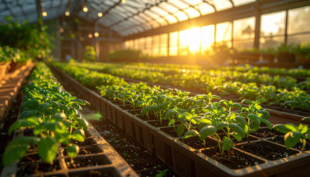 Green pepper seedlings growing in a greenhouse on a sunny day.の素材