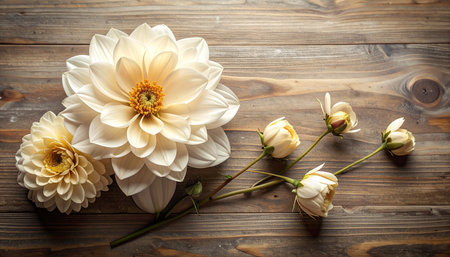 White dahlia flowers on a wooden background. Top view.の素材