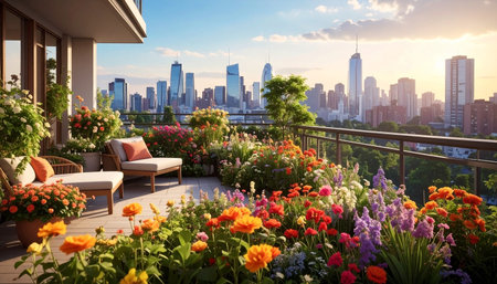 Outdoor terrace with flowers and panoramic view of New York City.の素材