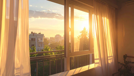 Sunset on the balcony with a view of the city. 3d renderの素材
