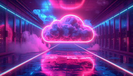 3D rendering of a futuristic server room with a cloud and neon lightsの素材