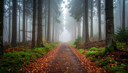 Path in the foggy autumn forest with fallen leaves and pine treesの素材