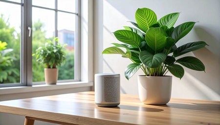Modern air humidifier and houseplant on wooden table near window at homeの素材
