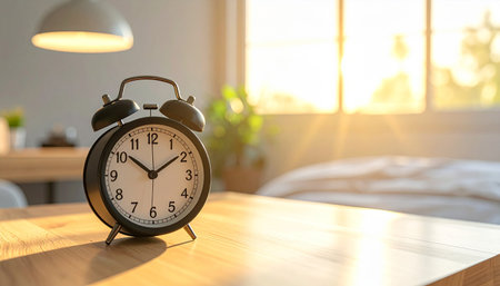 Alarm clock on wooden table in morning light. Time management conceptの素材