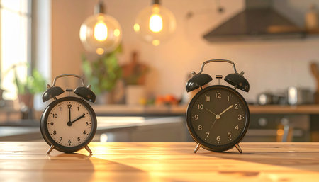 Retro alarm clock on table in kitchen. Time management concept.の素材