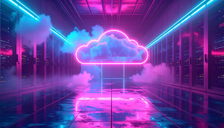 3D rendering of a futuristic server room with neon lights and a cloudの素材
