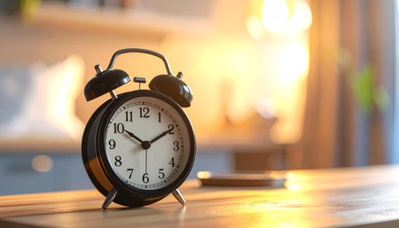 Retro alarm clock on wooden table in room. Time management conceptの素材