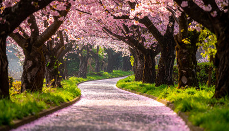 Cherry blossoms in full bloom along the road in spring.の素材