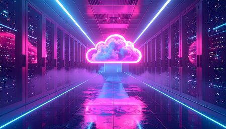 3D rendering of a futuristic server room with neon lights and a cloudの素材