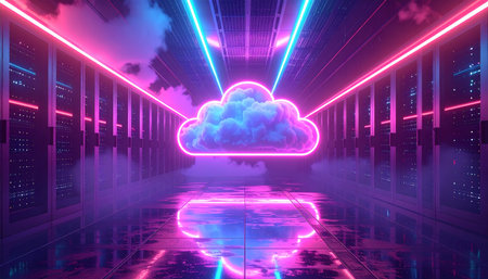 3D render of server room with neon lights and cloud in the centerの素材