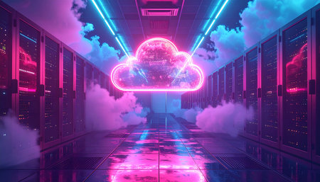 3D render of server room with cloud storage and neon lights.の素材