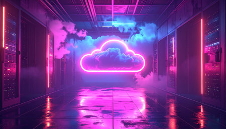 3D rendering of a server room with neon lights and a cloudの素材