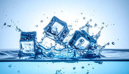 Ice cubes falling into water with splash on blue background. 3d illustrationの素材