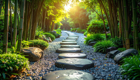 Stone walkway in the garden at sunset time,Thailand.の素材