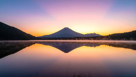 Mount Fuji reflected in Kawaguchiko lake at sunrise, Japanの素材