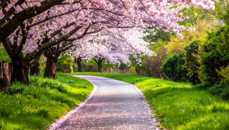 Cherry blossoms in full bloom along a country road in springの素材