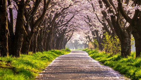 Cherry blossoms in full bloom along a country lane in springの素材