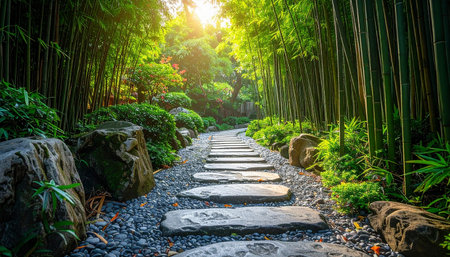 Stone walkway in the green garden with bamboo forest at sunset.の素材